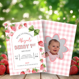 Convite Berry First Birthday Pink Gingham Photo Invitation