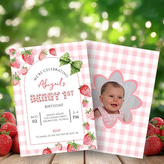 Convite Berry First Birthday Pink Gingham Photo Invitation (Criador carregado)