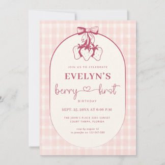 Convite Berry First Birthday Pink Red Bow Strawberry