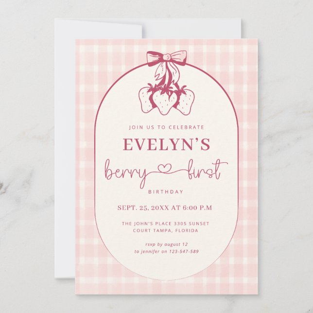 Convite Berry First Birthday Pink Red Bow Strawberry (Frente)