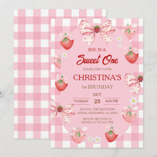 Convite Berry first birthday pink strawberry gingham girl