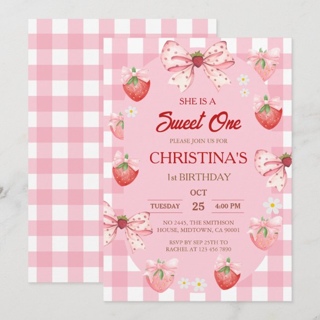 Convite Berry first birthday pink strawberry gingham girl (Frente/Verso)