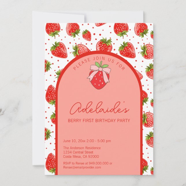 Convite Berry First Birthday primeiro aniversario Strawber (Frente)