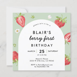 Convite Berry First Birthday Strawberry Arch Square