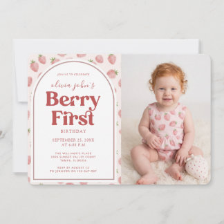 Convite Berry First Birthday Strawberry Baby Girl Photo