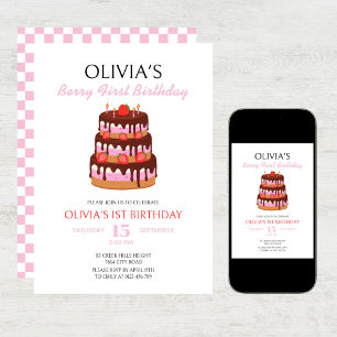 Convite Berry First Birthday Strawberry Cake Birthday
