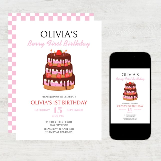 Convite Berry First Birthday Strawberry Cake Birthday (Criador carregado)