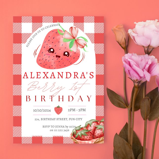 Convite Berry First Birthday Strawberry Girl primeiro aniv (Berry First Birthday Strawberry Girl 1st Birthday Invitation)