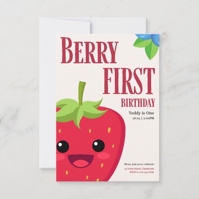 Convite Berry First Birthday Strawberry Party (Frente)