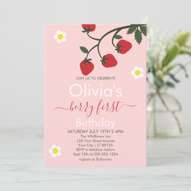 Convite Berry First Birthday Strawberry primeiro aniversar (Em pé/Frente)