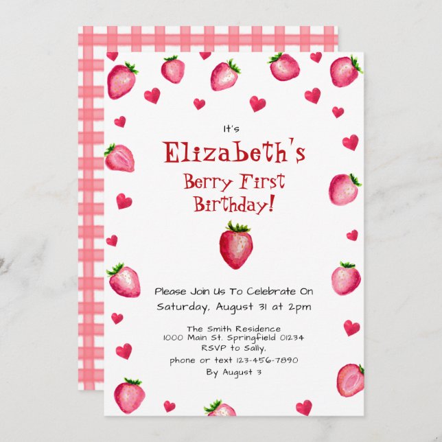 Convite Berry First Birthday Strawberry Summer Gingham 1 r (Frente/Verso)