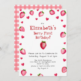 Convite Berry First Birthday Strawberry Summer Gingham 1 r