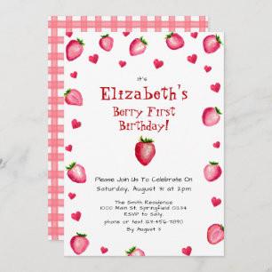 Convite Berry First Birthday Strawberry Summer Gingham 1 r