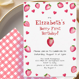 Convite Berry First Birthday Strawberry Summer Gingham 1 r