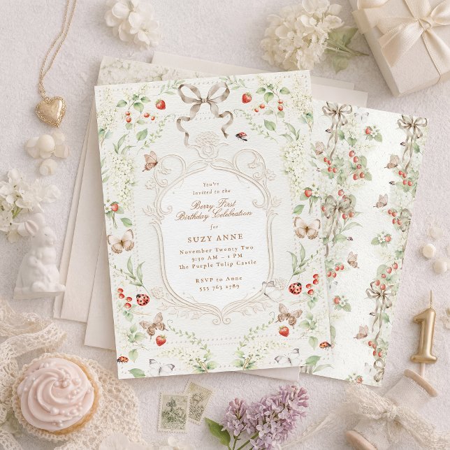 Convite Berry First Birthday Vintage Floral (Criador carregado)