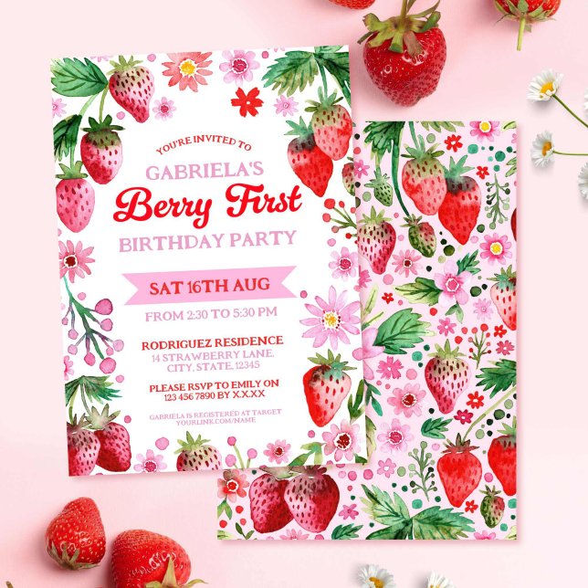 Convite Berry First Birthday Watercolor Morangos (Berry First Birthday Watercolor Strawberries Invitation)