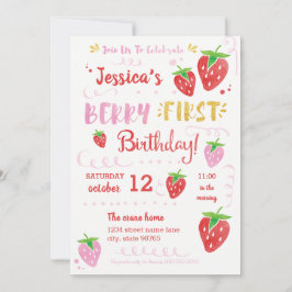 Convite Berry First Birthday Watercolor Strawberry