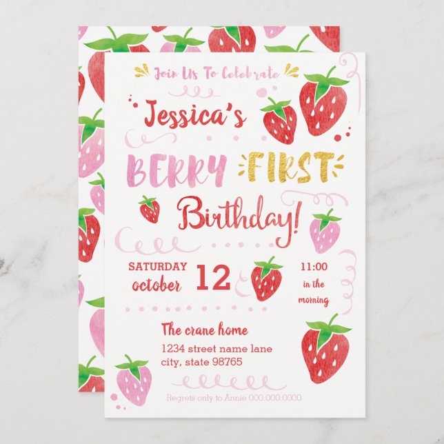Convite Berry First Birthday Watercolor Strawberry (Frente/Verso)