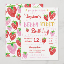 Convite Berry First Birthday Watercolor Strawberry