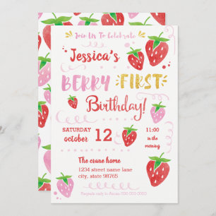 Convite Berry First Birthday Watercolor Strawberry