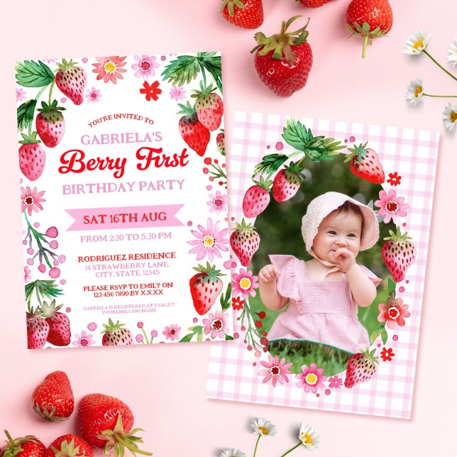 Convite Berry First Birthday Watercolor Strawberry Foto (Berry First Birthday Watercolor Strawberries Photo Invitation)