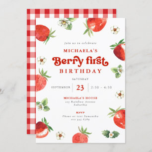 Convite Berry First Birthday Watercolor Strawberry Gingham