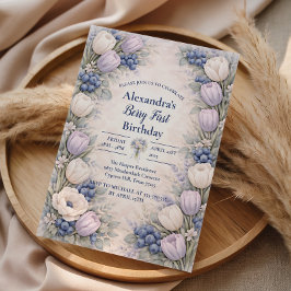 Convite Berry First Blue Floral Garden 1st Birthday