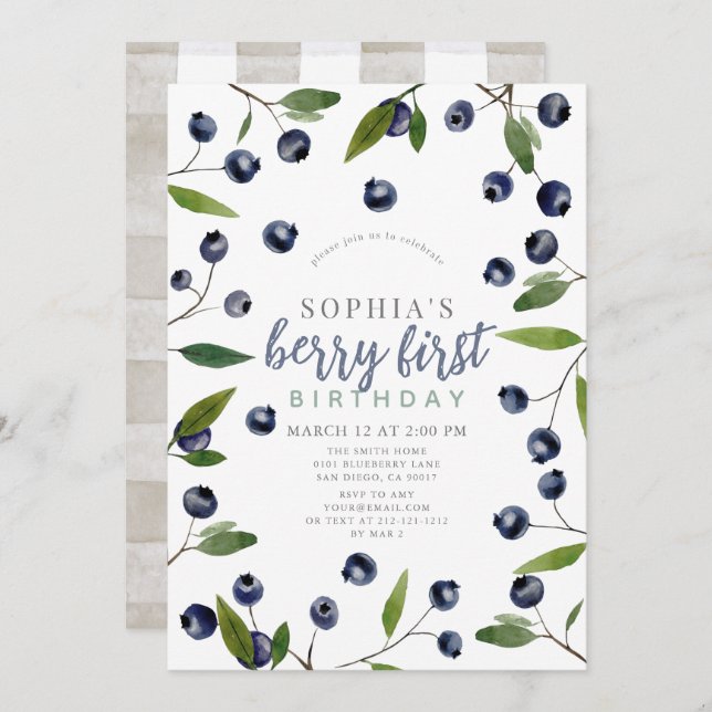 Convite Berry First Blueberry Greenery primeiro aniversari (Frente/Verso)