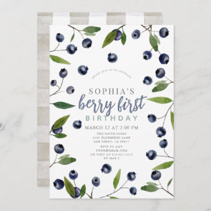 Convite Berry First Blueberry Greenery primeiro aniversari
