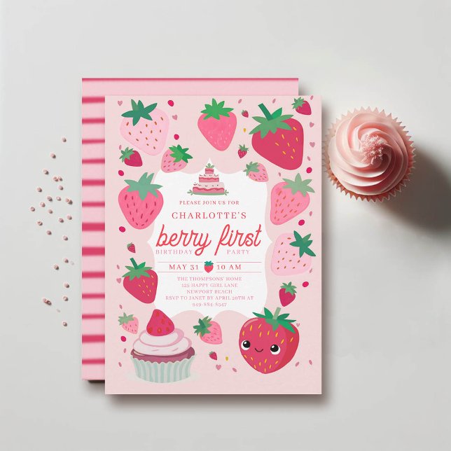 Convite Berry First Cute Strawberry Frame Red primeiro ani (berry first birthday invitation 1st party girl pink red watercolor strawberries cute frame)