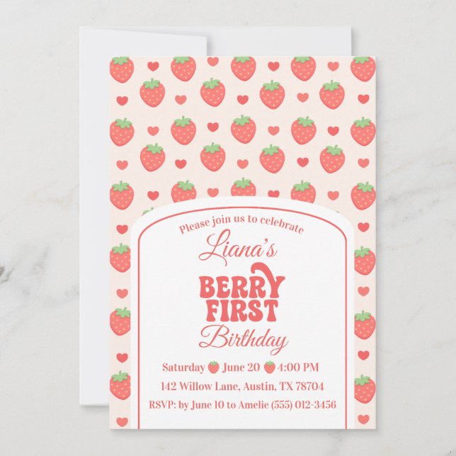 Convite Berry First | Festa de 1º Aniversário da Menina Mo (Frente)