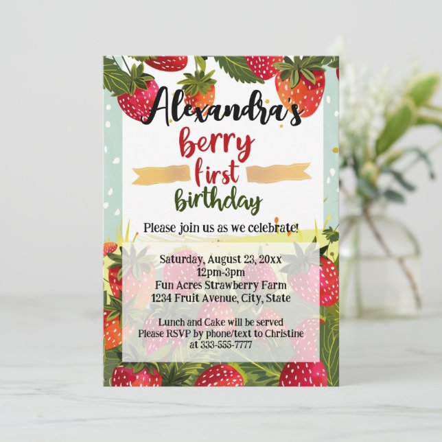 Convite Berry First Festa de aniversário Girls Strawberry  (Em pé/Frente)