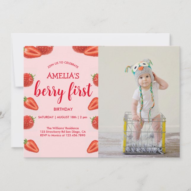 Convite Berry First | Foto rosa primeiro aniversario de mo (Frente)