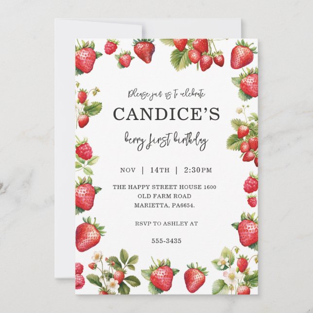 Convite Berry First Invitation for Birthday Fruit Party  (Frente)