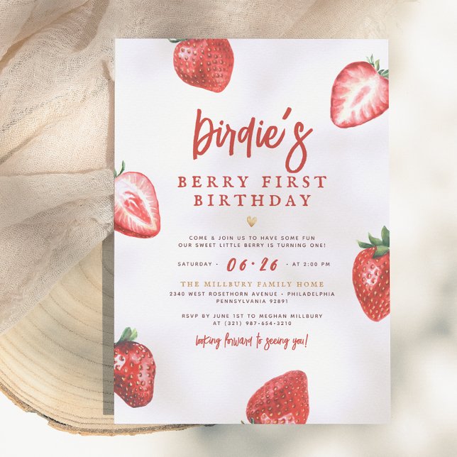 Convite Berry First | Menina Morango Fofa Faz 1 Aniversári (Criador carregado)