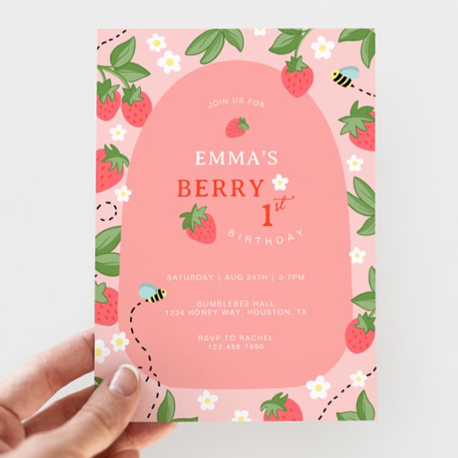 Convite Berry First Pink Strawberry Bees Birthday Party (Criador carregado)
