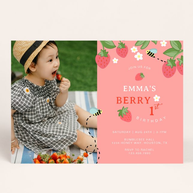 Convite Berry First Pink Strawberry Bees Birthday Party (Criador carregado)