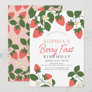 Convite Berry First Pink Strawberry Floral primeiro aniver