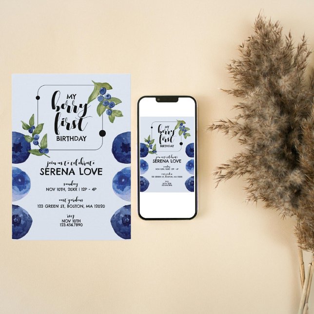 Convite Berry First | PRIMEIRO ANIVERSARIO | Aromas | Azul (Criador carregado)