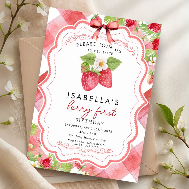 Convite Berry First Strawberry 1rua Verão Gingham (Berry First Strawberry 1st Summer Birthday Gingham Invitation)