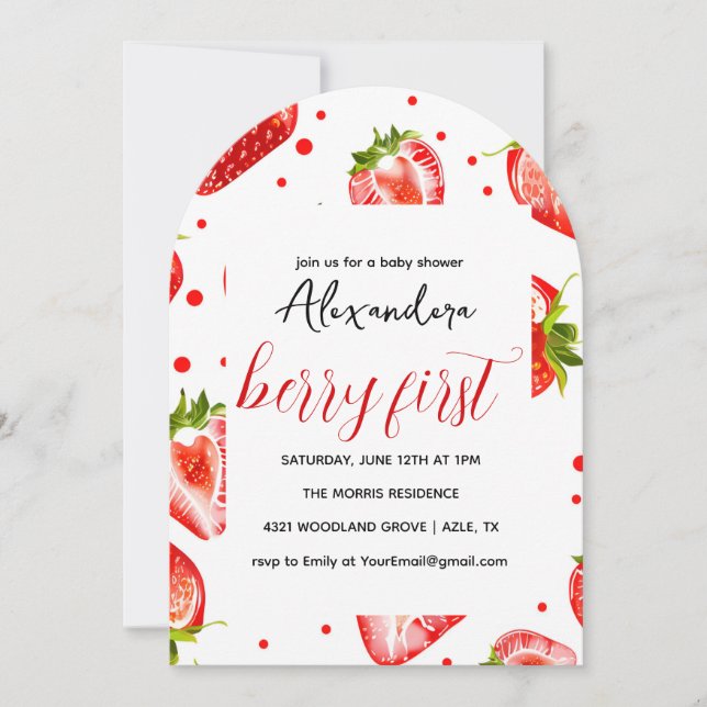 Convite Berry First Strawberry Birthday Convite, Vermelho (Frente)