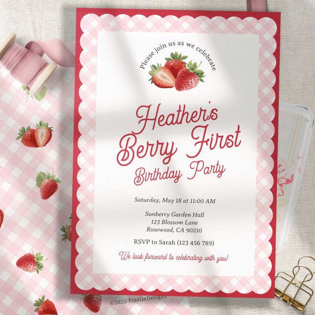 Convite Berry First Strawberry Birthday with Pink Gingham (Berry First-Strawberry first birthday invitation)