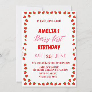 Convite Berry First Strawberry Border Birthday Invitation 