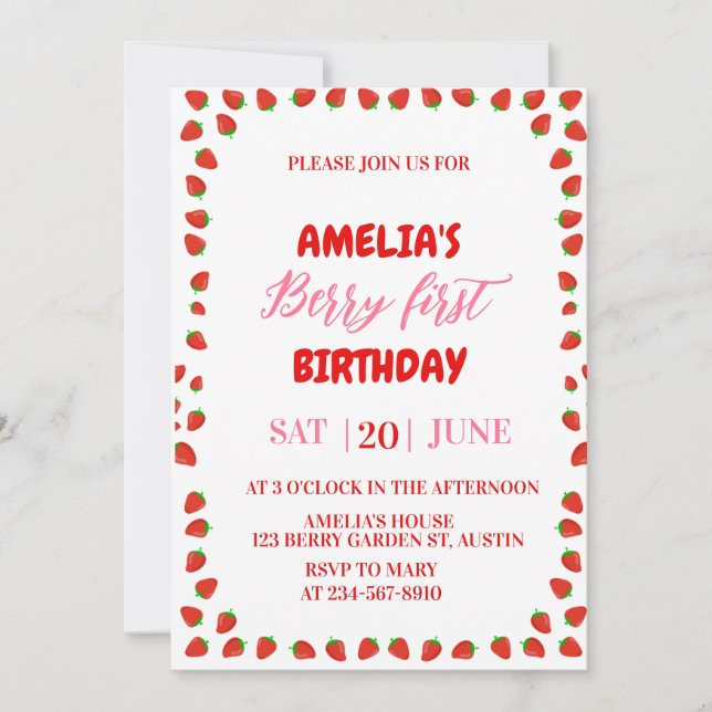 Convite Berry First Strawberry Border Birthday Invitation  (Frente)