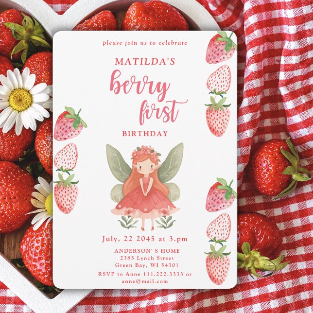 Convite Berry First Strawberry Fairy primeiro aniversario (Criador carregado)