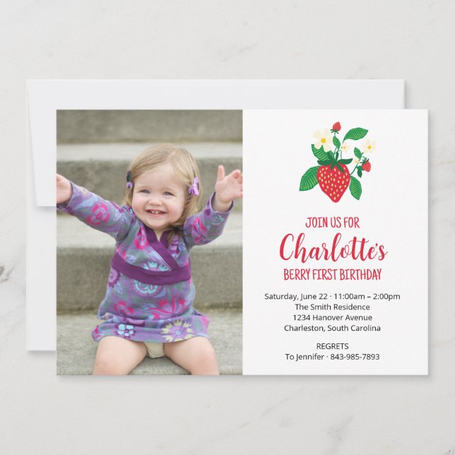 Convite Berry First Strawberry Foto Birthday (Frente)