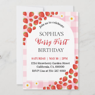 Convite Berry First Strawberry gingham birthday invitation