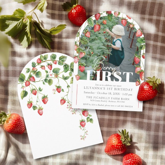 Convite Berry First Strawberry Photo primeiro aniversario  (Modern Berry First watercolor strawberry fruit photo arch boho chic girl 1st birthday invitation)