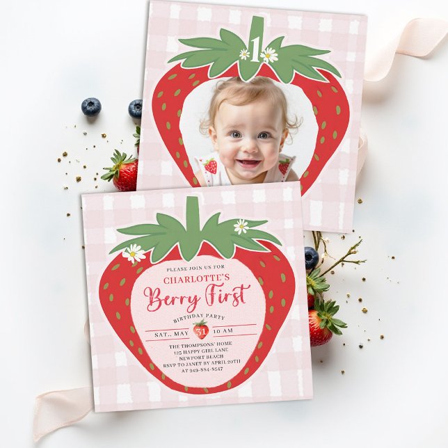Convite Berry First Strawberry Sweet Photo 1st Birthday (berry first birthday party invitation girls strawberry 1st photo watercolor gingham farmhouse patch)