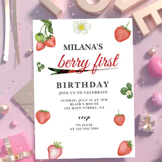 Convite Berry First Watercolor Strawberry primeiro anivers (Berry first 1st Birthday invitation card mockup)